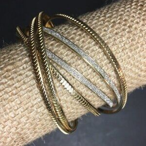 Bangle Bracelet Lot Of Six Gold Rhinestone Bling Glam BoHo Hippie Retro Exotic